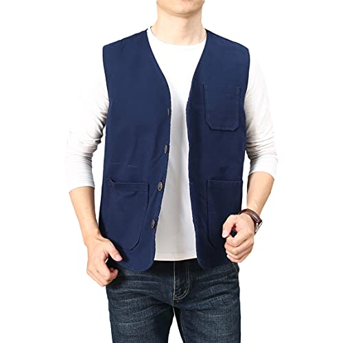 PRIJOUHE Men's Casual Outdoor Cotton Vest Lightweight Breathable Multi-Pocket Fishing Safari Travel Vests Outwear - color: 02-navy, size: XX-Large