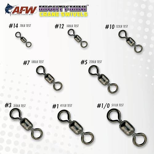 AFW American Fishing Wire Fishing Swivels - Mighty Mini 100% Stainless Steel Crane Swivels, 3X Stronger Than Brass, for Terminal Tackle Box, Up to 600lb Test - Fishing Gear for Fishing Line Leaders - size: 10 Pieces, 310 Pound Test