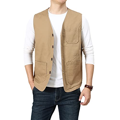 PRIJOUHE Men's Casual Outdoor Cotton Vest Lightweight Breathable Multi-Pocket Fishing Safari Travel Vests Outwear - color: 02-khaki, size: Small