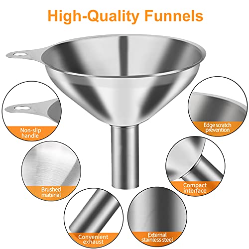 Metal Stainless Steel Funnel, Large Medium Small Funnel Set of 3, Food Grade Mini Funnels for Kitchen Use Filling Bottles Flask Cooking, 2 Brushes YLYL