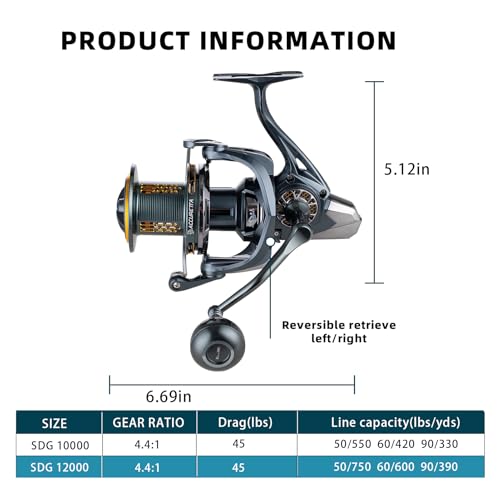 Fishing Spinning Reel, 10000/12000 Saltwater Spinning Reel, 45LBS Max Drag, CNC Aluminum Screw-in Handle & Spool, Oscillating Guide Rod System, Surf Fishing Reel for Beach & Boat Fishing - size: 12000