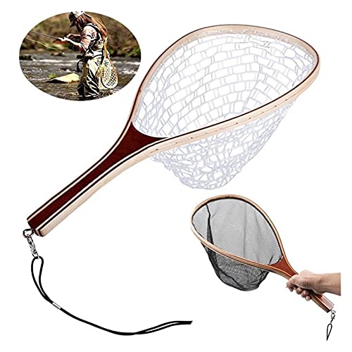 Fish Net Fly Fishing Landing Net Wooden Handle Rubber/Nylon Landing Handle Trout Mesh Fish Catch Release Scoop Fishing Tool Dip Net (Color : Rubber) - color: Rubber