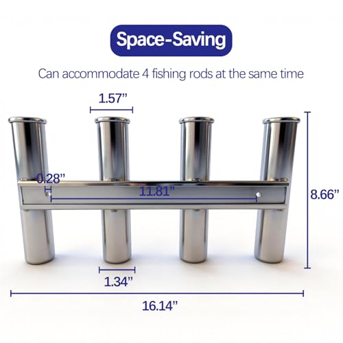 Wall Mounted 4 Tubes Linked Stainless Steel Fishing Rod Holder for Boat | Boat rod storage, rust-proof marine steel, vertical space-saving, self-draining base, hands-free gear organization