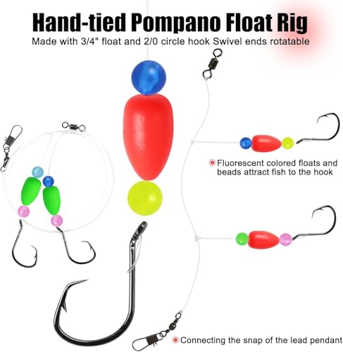 Pompano Rigs for Surf Fishing Saltwater Pre-Rigged Fishing Rigs with Floats Beads Double Circle Hook Surf Fishing Tackle 5/12/15PCS - color: chartreuse+orange/yellow-6pcs