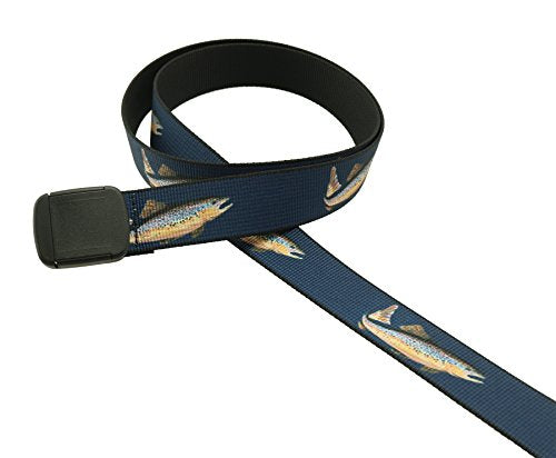 Thomas Bates Fish Pattern Metal Free Hiker Web Belts - color: Navy Trout