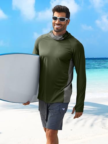 PINSPARK Men's Sun Protection Hoodie with Mask UPF 50+ UV Long Sleeve Shirt Men Rash Guard Performance Fishing Hiking Shirt - color: Army Green, size: Small
