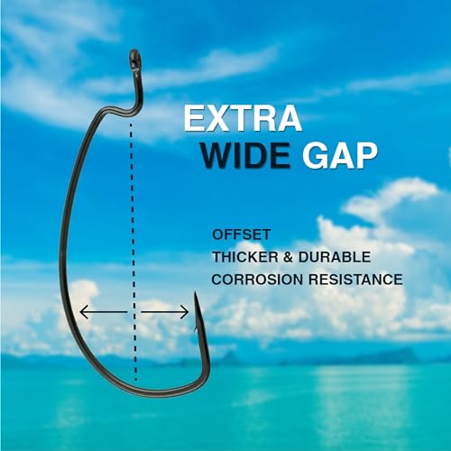 Reaction Tackle Offset EWG Worm Hooks - Super Strong Wide Gap Texas Rig Hooks for Soft Plastic Baits - High Carbon Steel Bass Fishing Hooks (25-Pack) - size: #1/0