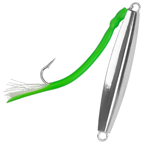 Diamond Jig Saltwater Fishing Lures Casting Jigging Spoon with Tube Tail Stainless Steel Hooks Trolling Lures Striped Bass Metal Jig for Deep Sea Surf Fishing Bottom Dragging Sinking - color: Green, size: 5 oz