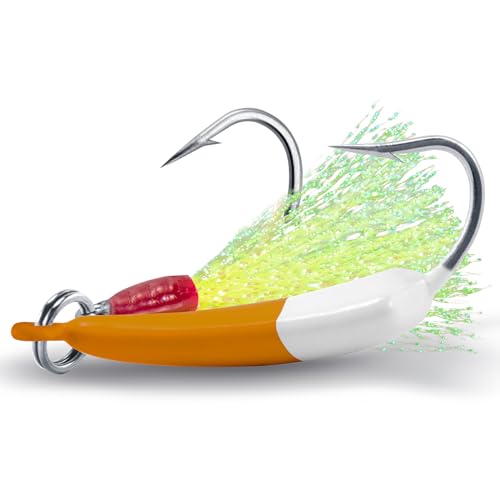 Dr.Fish 5 Pack Pompano Jigs with Teaser Hooks, Surf Fishing Jig Heads Saltwater Lure Banana Shape Stand Up O'Shaughnessy Beach Casting Halibut Striper Redfish Flounder - color: Brown/White, size: 3/8oz-Hook 3/0