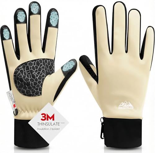 Bruvoalon Winter Gloves for Women & Men, 3M Thermal Insulation, Lycra Fabric, Touchscreen, Anti-Slip - color: Beige, size: Large