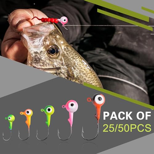 Fishing Jig Head Hooks - 25/50pcs Painted Round Ball Head Jigs with 3D Eyes Crappie Jig Hook for Bass Trout Walleye Fishing Jig Head Baits Assorted 1/32oz 1/16oz 1/8oz 1/4oz 3/8oz - style: 0.9g(1/32oz)-50pcs