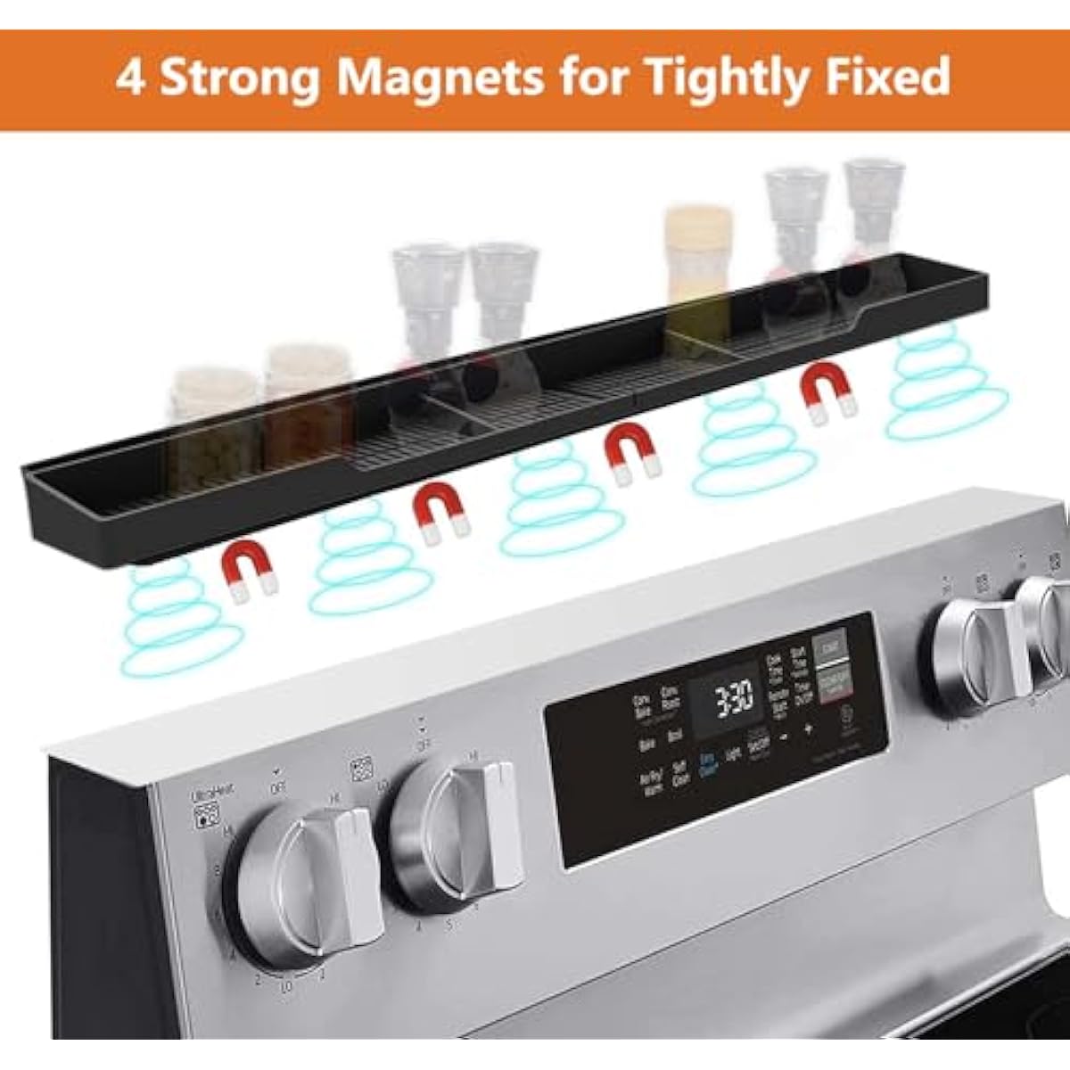 AWOKE Stove Top Shelf 30 Inch - Silicone Material Magnetic Shelf for Stove - 3 Functional Partitions Kitchen Spice Rack Organizer-Black,Kitchen Gadgets Storage Organization