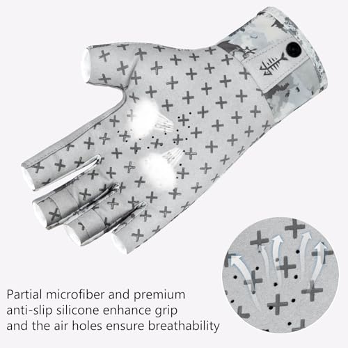 BASSDASH 3/4 Finger UPF 50+ Sun Gloves Breathable Anti-Slip Silicone Palm for Men Women Fishing Fingerless Cycling Running - color: Grey Abstract Camo, size: X-Large