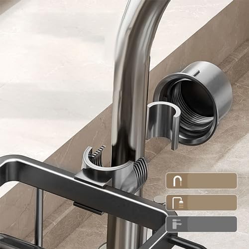Kitchen Sink Faucet Organizer, Space Aluminum Rustproof Dish Sponge Holder with Divider and Drip Tray for Kitchen Dishwashing Sponges Brushes Cloth (Black)