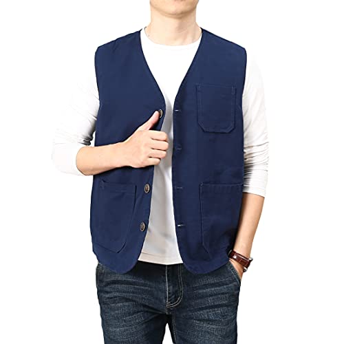 PRIJOUHE Men's Casual Outdoor Cotton Vest Lightweight Breathable Multi-Pocket Fishing Safari Travel Vests Outwear - color: 02-navy, size: XX-Large