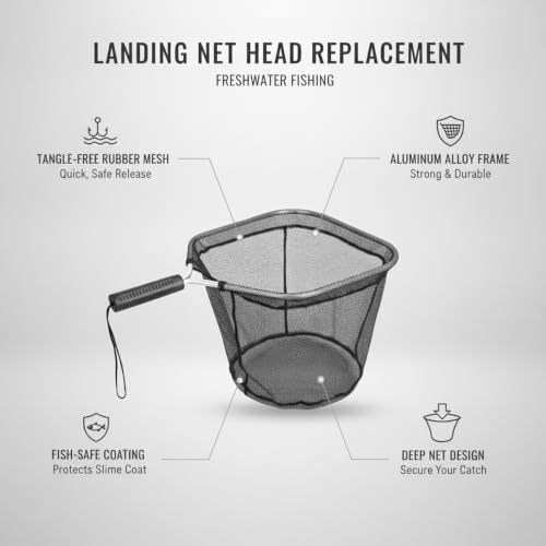 Rubber Mesh Landing Net Head Replacement, Aluminum Alloy Frame for Freshwater Fishing, Smooth Hook Release - size: 13.78 x 11.81 x 11.42"