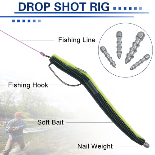 Bass Fishing Nail Weights Sinkers, 40pcs Wacky Worm Weights Insert Sinkers for Placstic Soft Wacky Worm Lures Wacky Rig Neko Rig 4 Sizes