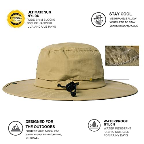 Oversize XL XXL Large Wide Brim Waterproof UPF 50+ Bucket Sun Summer Travel Fishing Hiking Fisherman Hat Detachable Chin - color: 000702_khaki, size: Small-Medium