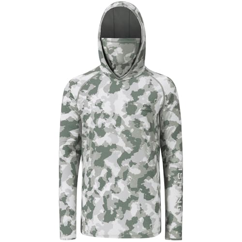 BASSDASH Men’s UPF 50+ Hooded Breathable Camo Shirts with Face Mask Lightweight Neck Gaiter Fishing Hiking Hoodie Shirt FS51M - color: Ash Green Camo, size: Medium
