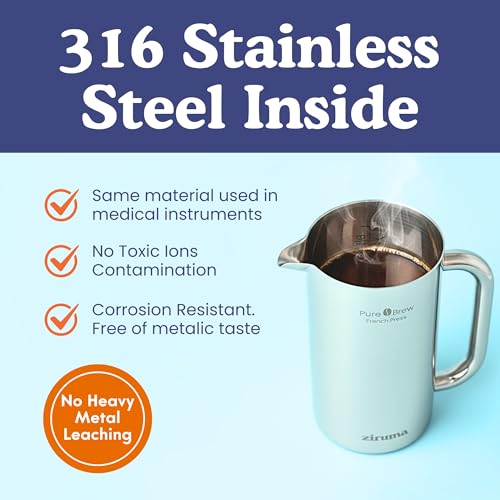 Ziruma Non-Toxic French Press, Surgical Stainless Steel Coffee Press, Plastic-Free, Heavy Metal-Free, No Endocrine Disruptors, 34 Oz, Double Wall, 4-Layer Filter, Portable Coffee Maker