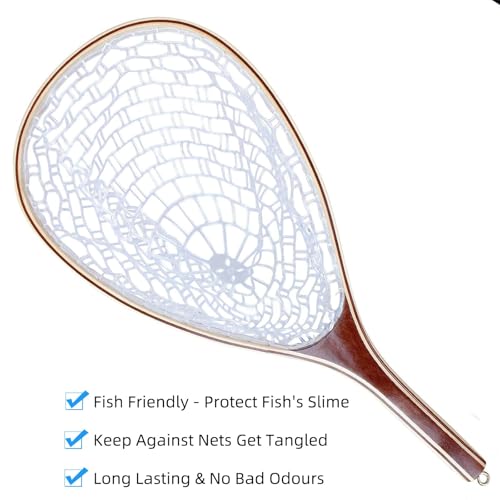 Wooden Frame Fly Fishing Landing Net, Soft Knotless Rubber Mesh, Fish-Friendly for Catch and Release, Freshwater Saltwater, Trout Fishing, Great Gift