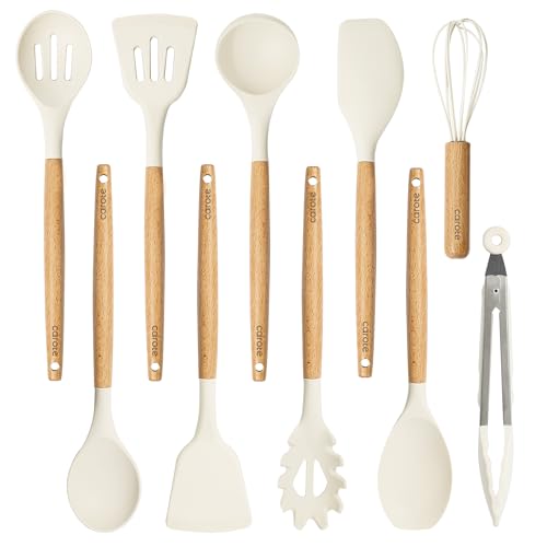 CAROTE Silicone Cooking Utensils Set, Kitchen Utensils Set 10 Pcs for cooking, BPA Free Spatula Set with Heat Resistant Wood Handles for Nonstick Cookware (Cream White)