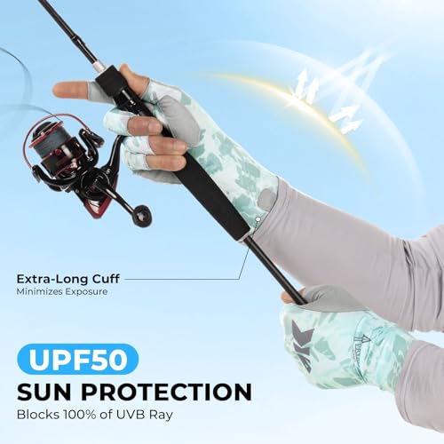 KastKing Agies Fishing Gloves Men, UPF 50+ Sun Gloves UV Protection, Cooling Quick-Dry 3/4 Fingerless Gloves with Extended Cuff, Microfiber Palm & Pull Tabs, for Fishing, Kayaking, Hiking, Hunting - color: X Camo-Pale Blue, size: Large-X-Large
