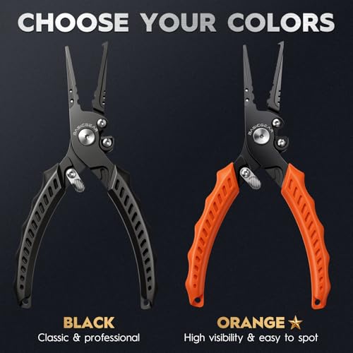 BasicGear Fishing Pliers, 17-4 PH Stainless Steel Saltwater Pliers, Braid Cutter, Split Ring Tool, Corrosion Resistant, One-Hand Operation - size: 7.5" Standard - Orange