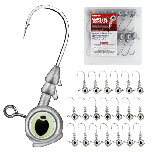 Glow Eye Jig Head, 20pcs Jig Heads Fishing Hooks with Luminous Eyes, 4 Sizes Assorted, Sharp Hook for Soft Lures, Saltwater & Freshwater Fishing - size: 1/8oz