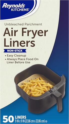 Reynolds Kitchens Air Fryer Liners Disposable, Unbleached Parchment Paper Sheets, 50 Count