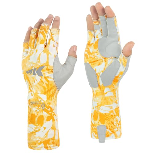 KastKing Agies Fishing Gloves Men, UPF 50+ Sun Gloves UV Protection, Cooling Quick-Dry 3/4 Fingerless Gloves with Extended Cuff, Microfiber Palm & Pull Tabs, for Fishing, Kayaking, Hiking, Hunting - color: X Camo-Mahi, size: Large-X-Large