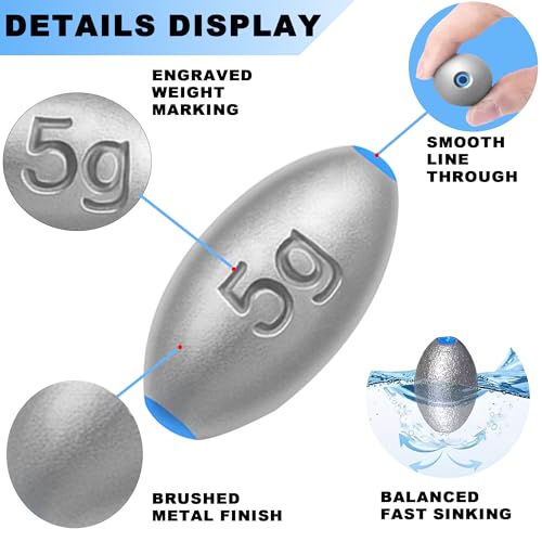 Egg Sinkers Fishing Weights – Lead Oval Sliding Sinkers for Catfish, Bass & Surf Fishing, No-Snag Smooth Hole Design, Heavy Fishing Weights for Bottom Rigs in Lakes, Rivers & Beach - style: 60g-8pcs