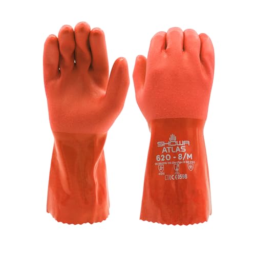 SHOWA Atlas 620 Double-Dipped PVC Chemical Resistant Gloves, Rough Finish Grip, Seamless Cotton Liner - size: X-Large, style: Single Pair