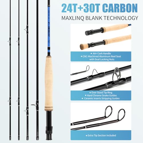 Maxcatch Extreme-X Fly Fishing Rod and Reel Combo, 3-8wt Complete Starter Fishing Outfit with Fly Box, Flies, Rod Clip Holder, Rod Case, Extra Tip Section - size: 8wt-9' 4pc Rod, 7/8wt Reel