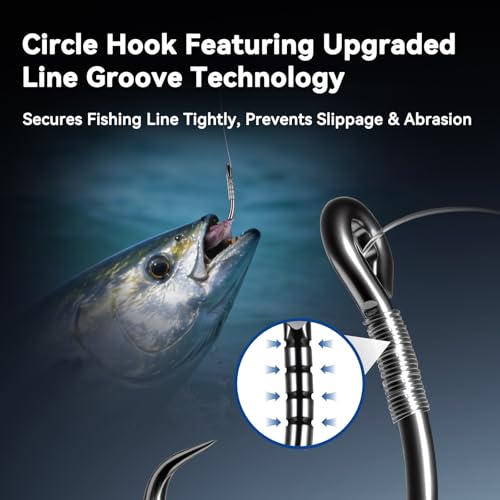 Circle Hooks with Line Groove,Big Game Heavy Duty 5X Strong Fishing Hooks,High Carbon Alloy Steel Live Bait Fish Hooks for Saltwater Freshwater Tuna, Marlin,Shark, Catfish Size 6/0-12/0 - size: 7/0_5pcs