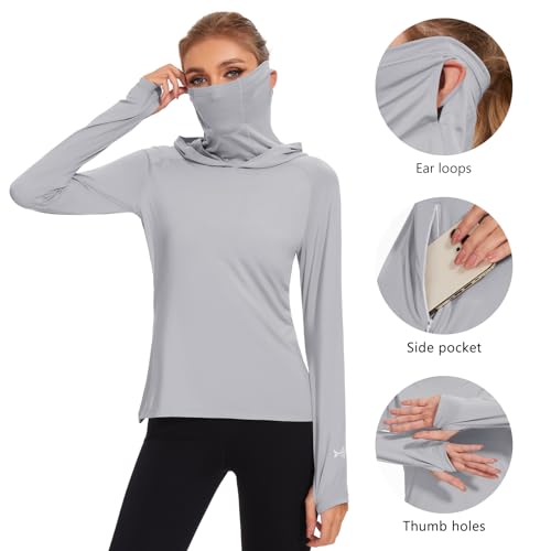 BASSDASH Women’s UPF 50+ Hoodie Shirt with Breathable Face Mask - color: Light Grey, size: X-Large