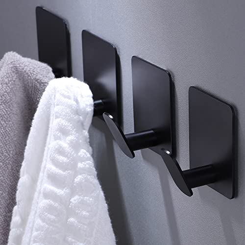 DELITON Adhesive Hooks - 4 Pack Towel/Coat Hooks Wall Hook Stick on Bathroom or Kitchen (Matte Black, Stainless Steel)