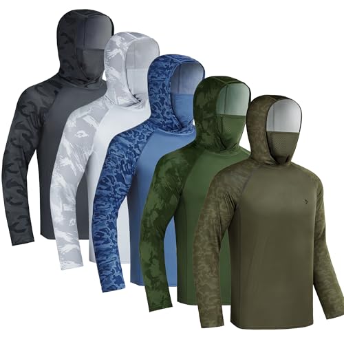 Rodeel UPF 50+ Men’s Long Sleeve Performance Fishing Hiking Shirt with Mask UV Neck Gaiter Hoodie - color: A1.5pack：black,grey,blue,green,brown, size: XX-Large