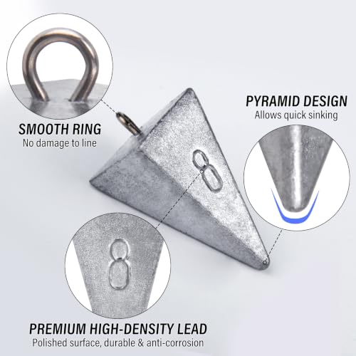 Alwonder Pyramid Sinkers Lead Fishing Weights for Surf Pompano Catfishing | Pyramid Weights 1oz-2LB Saltwater Freshwater Fishing Sinkers No-Roll Triangle Inshore Ocean Beach Casting Bottom Pier Fishing - size: 12oz-4 Pack
