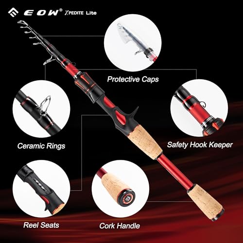 EOW XPEDITE LITE Portable Telescopic Fishing Rods & Combo, Spinning & Casting Fishing Poles, 24T Carbon Rod Blanks, Solid Carbon Tip, Split Cork Grips, Travel Rod, Combos with 5+1BB Spinning Reel - size: 5'6"-M-Fast, style: Rod- Casting