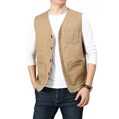 PRIJOUHE Men's Casual Outdoor Cotton Vest Lightweight Breathable Multi-Pocket Fishing Safari Travel Vests Outwear - color: 02-khaki, size: Small