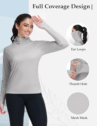 isnowood Women's Sun Protection Hoodie UPF 50+ Hiking Fishing Shirt, Long Sleeve UV Rash Guard with Face Mask Lightweight - color: Light Grey, size: XX-Large
