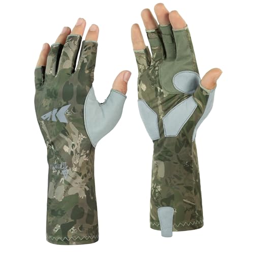 KastKing Agies Fishing Gloves Men, UPF 50+ Sun Gloves UV Protection, Cooling Quick-Dry 3/4 Fingerless Gloves with Extended Cuff, Microfiber Palm & Pull Tabs, for Fishing, Kayaking, Hiking, Hunting - color: X Camo-Olive Green, size: Large-X-Large