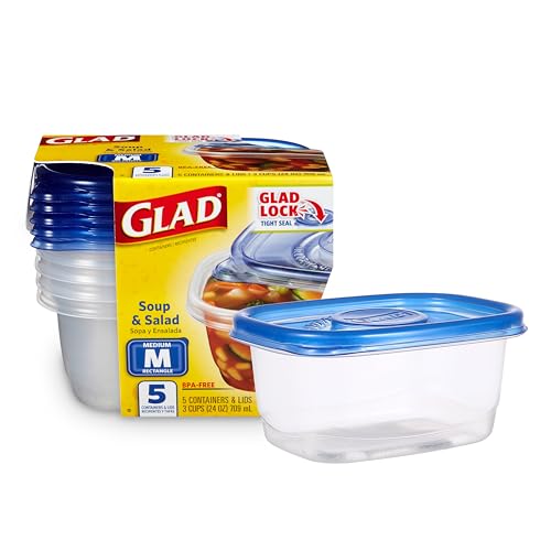 Glad GladWare Medium Rectangle Food Storage Containers with Lids, Airtight Leak-Resistant Plastic Containers for Soup Salad Meal Prep, Microwave Dishwasher Freezer Safe, 24 Oz, 5 Count