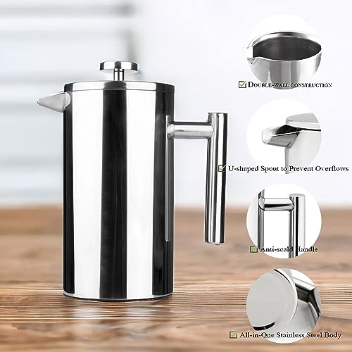 Small Stainless Steel French Press, 12oz Dual-Filter Coffee Plunger Pot Brewer and Maker for Individual Serving, Silver