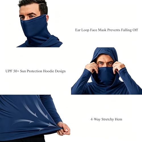 LeeHanTon Men UPF 50+ Sun Protection Hoodie Long Sleeve Shirts Dry-Fit UV Breathable Work Athletic Summer Pullover Sweatshirt - color: A-navy-with Mask, size: Medium