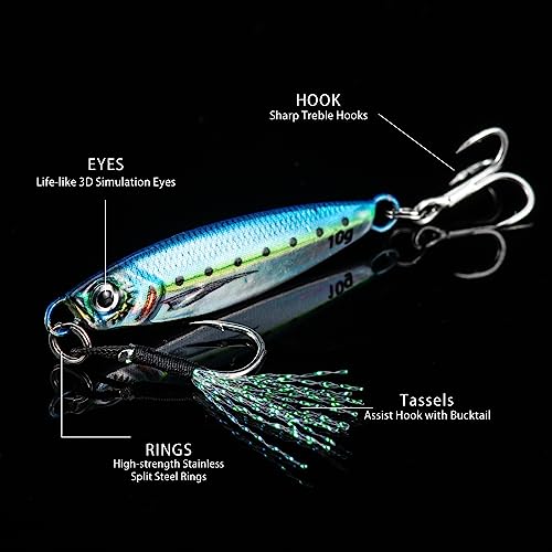 Goture Fishing Jigs,Vertical Jig Saltwater, Jig Fishing Lures with Assist Hook and Treble Hook, 7g-80g Fishing Jigging Spoon Lures for Tuna,Salmon,Sailfish,StripedBass,Grouper Snapper,Kingfish - size: 0.71oz/20g