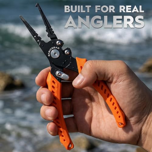 BasicGear Fishing Pliers, 17-4 PH Stainless Steel Saltwater Pliers, Braid Cutter, Split Ring Tool, Corrosion Resistant, One-Hand Operation (6.3" Compact (Light Fishing) - Black) - size: 6.3" Compact (Light Fishing) - Black
