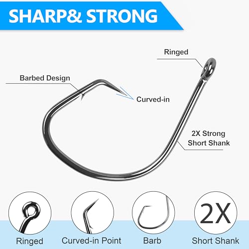 Fishing Circle Hooks Saltwater, 120pcs Catfish Hooks Offset Circle Octopus Fishing Hooks High Carbon Steel Black Nickel 2X Strong Barbed Fishhooks for Bass Trout Catfish Freshwater Size 6#-10/0 - size: 2/0-120pcs