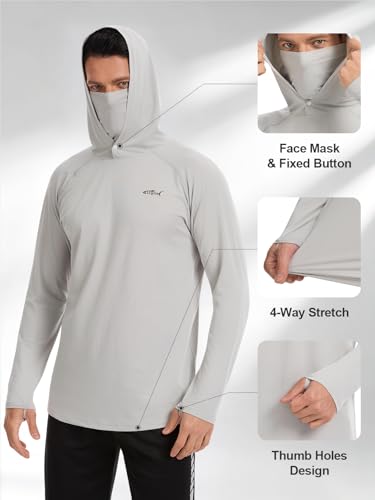 Men's UPF 50+ Sun Protection Hoodie Lightweight Quick Dry Fishing Shirts Long Sleeve Rash Guard with Mask - color: Light Grey, size: Medium
